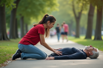 Jeune femme aidant un homme en plein air dans un parc