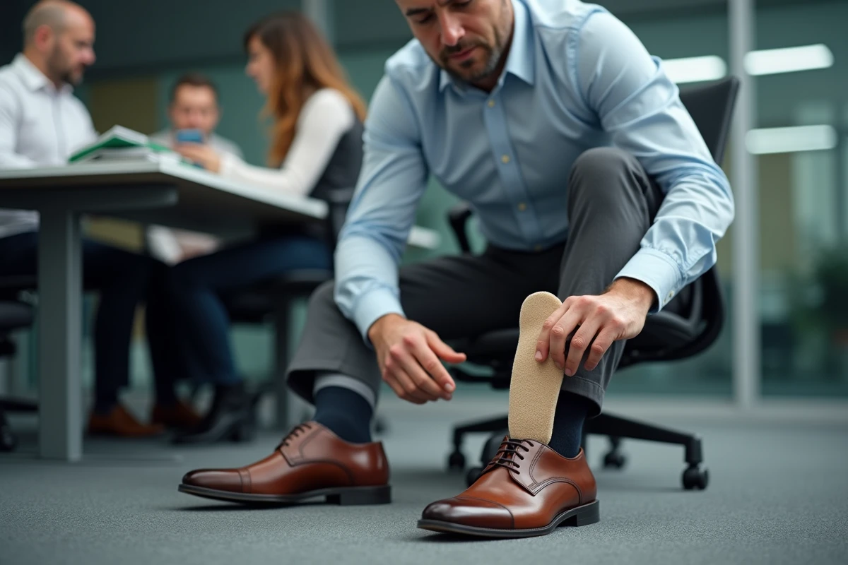 Homme en bureau debout retirant sa chaussure pour ajuster une semelle orthopédique contre la douleur de l'épine calcanéenne en milieu professionnel