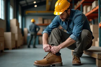 Homme actif au travail insérant une semelle orthopédique pour épine calcanéenne dans sa chaussure de sécurité dans un entrepôt industriel