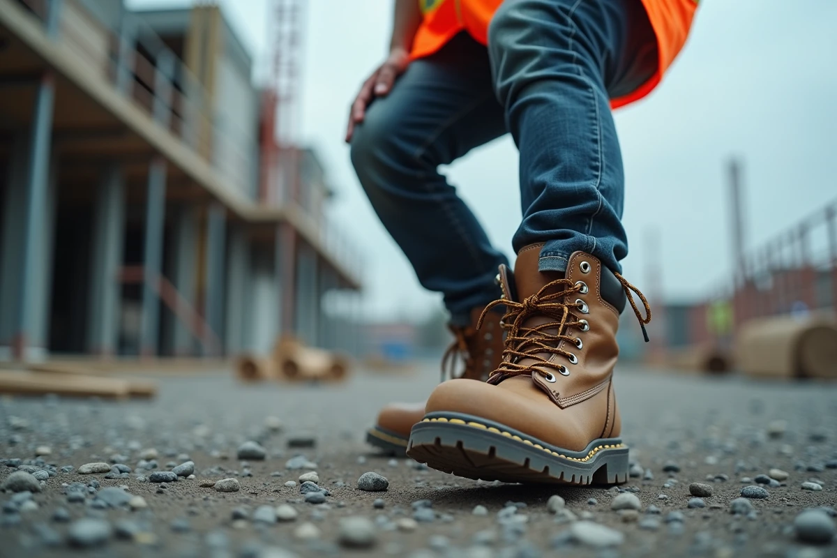Ouvrier en chantier portant des semelles pour soulager la douleur du talon liée à l'épine calcanéenne lors d'une journée de travail debout