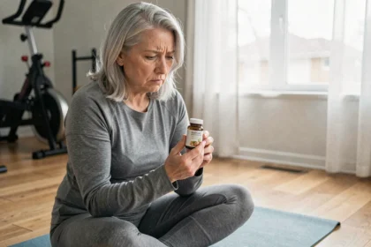 Femme senior tenant un complément alimentaire Cardiobalance avec une expression de prudence dans un espace de fitness à domicile