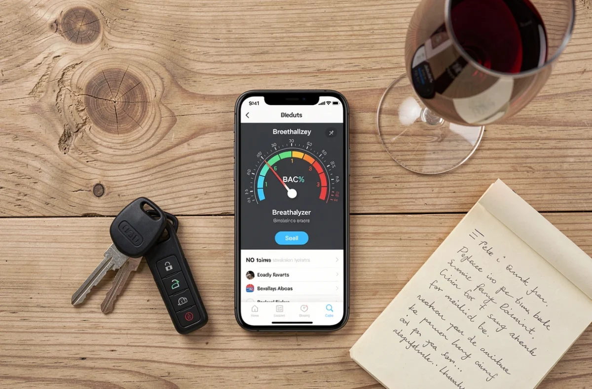 Vue aérienne d'un simulateur alcool sur smartphone posé sur une table avec des clés de voiture et un verre de vin