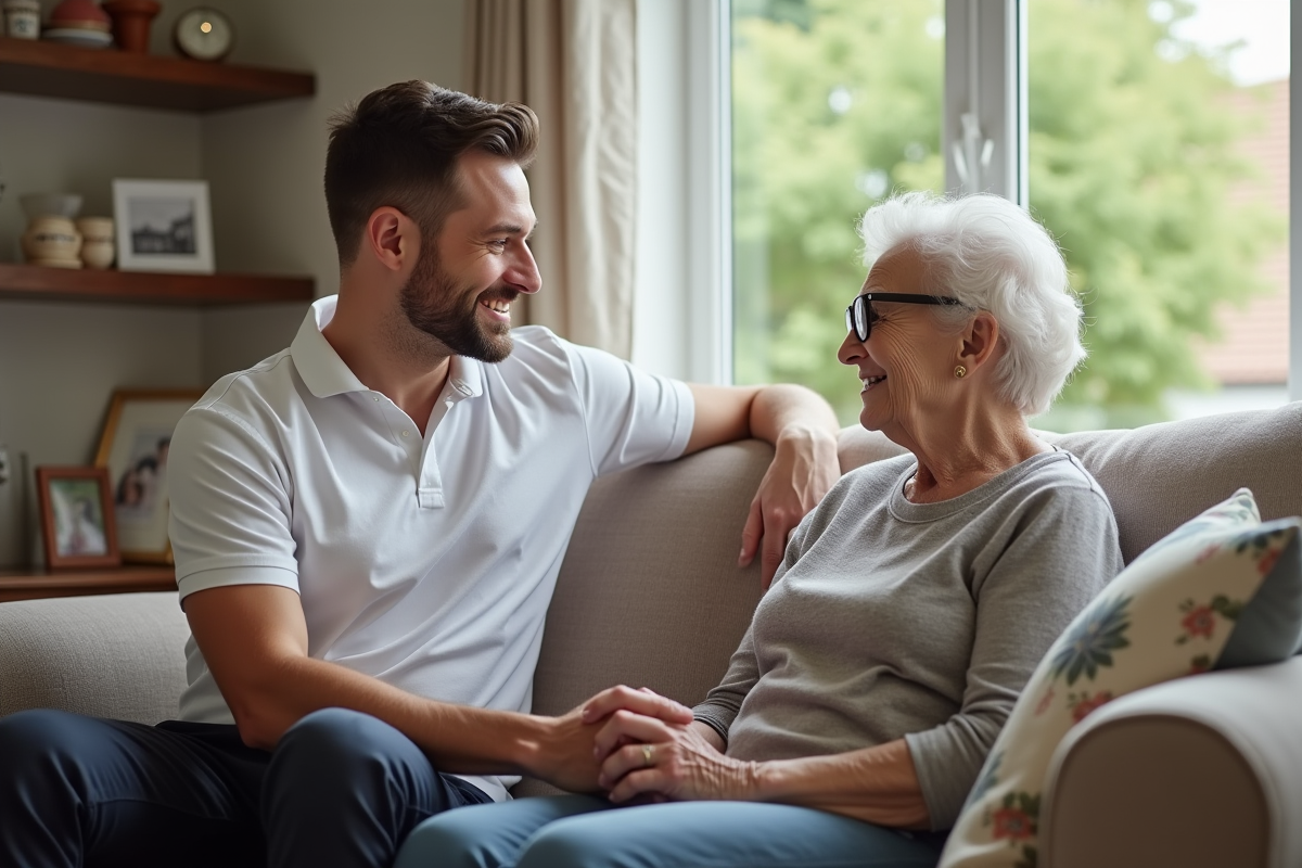 Jeune homme aidant une personne agee dans un salon chaleureux