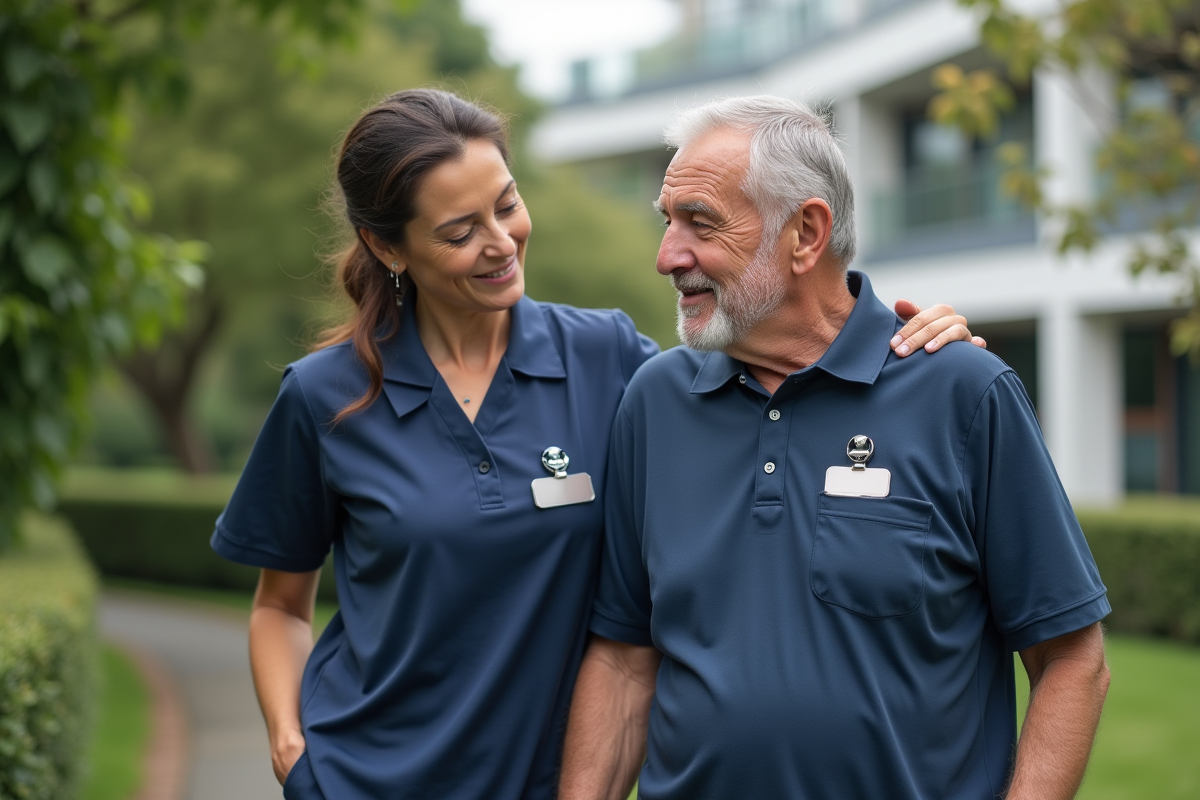 Infirmière guidant un homme âgé dans un jardin extérieur