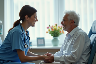 Infirmière compatissante avec un patient âgé dans une chambre lumineuse