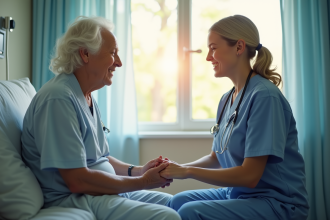 Infirmière compatissante tenant la main d'un patient âgé dans une chambre paisible