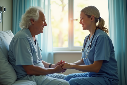 Infirmière compatissante tenant la main d'un patient âgé dans une chambre paisible