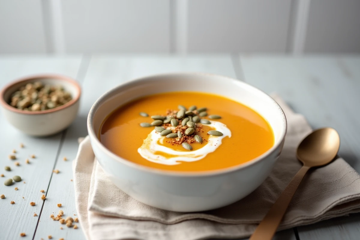Bol de soupe de butternut onctueuse garnie de crème fraîche et graines de courge, servie sur une table épurée de style scandinave