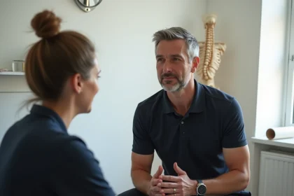 Ostéopathe consultant une patiente lors d'un suivi ostéopathique régulier dans un cabinet professionnel