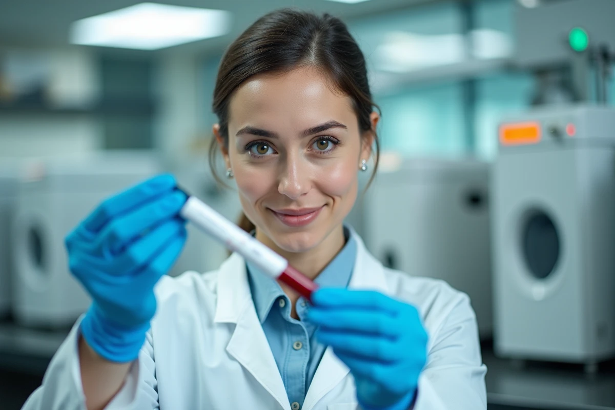 Technicienne de laboratoire analysant un échantillon sanguin pour mesurer le taux d'alanine aminotransférase
