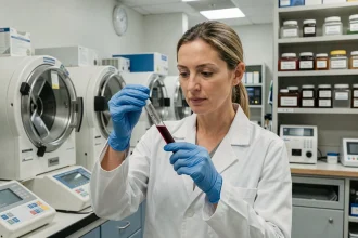 Technicienne de laboratoire examinant un tube de sang dans un laboratoire d'analyse clinique moderne