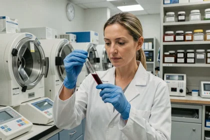 Technicienne de laboratoire examinant un tube de sang dans un laboratoire d'analyse clinique moderne