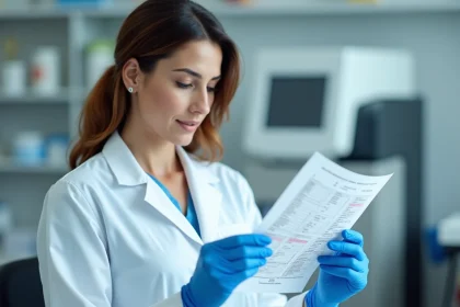 Technicienne de laboratoire examinant un hémogramme complet avec résultats TCMH sur paillasse d'analyse médicale