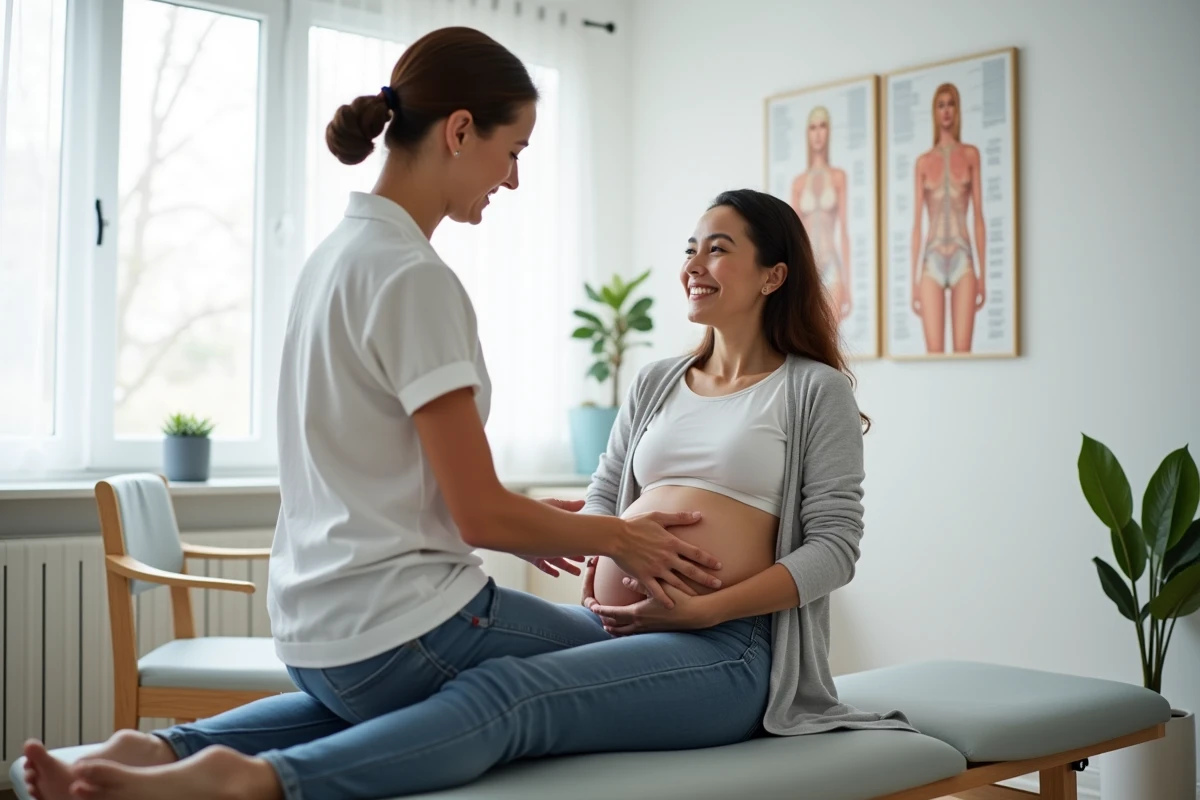 Kinésithérapeute montrant un exercice sacrum à une mère