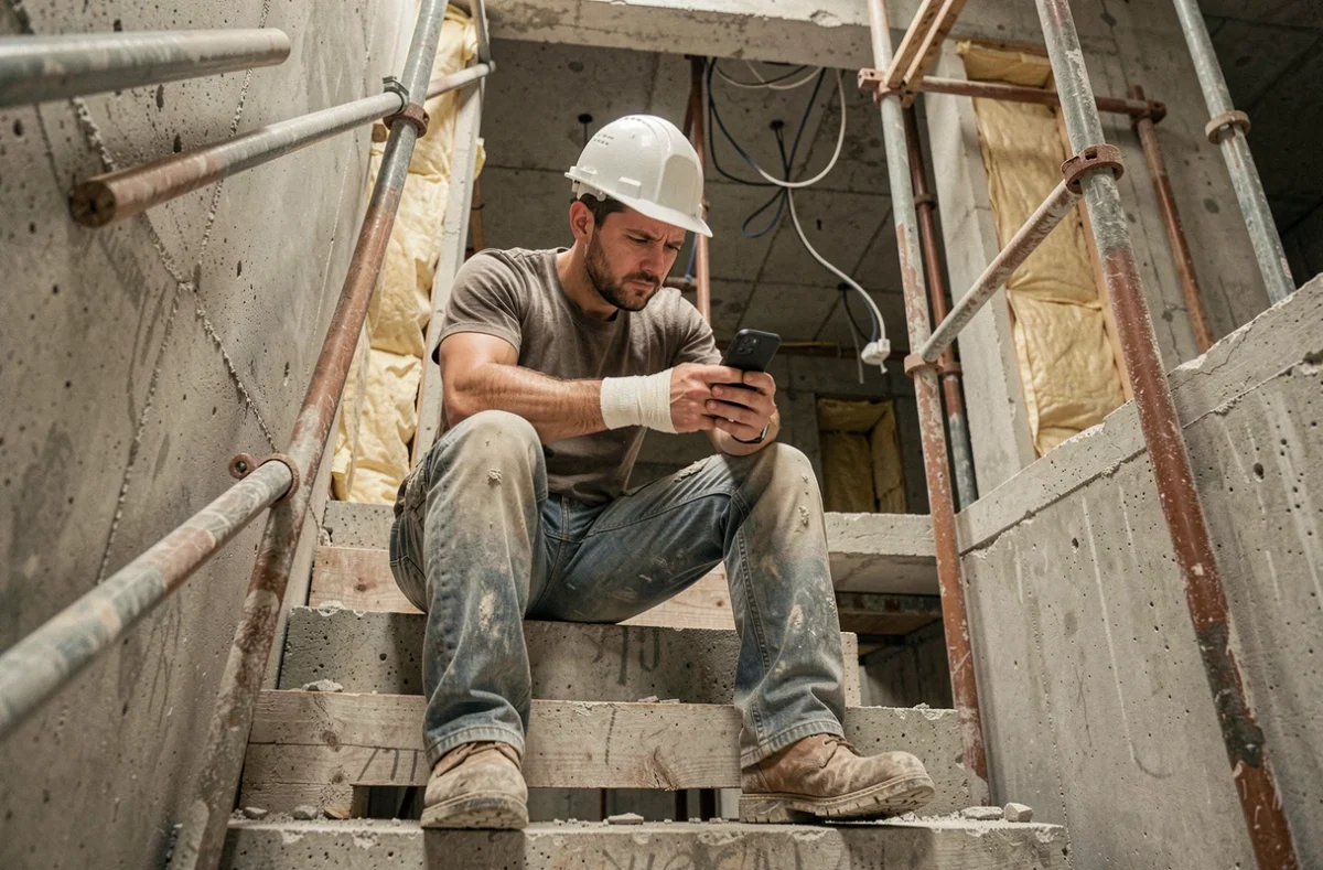 Travailleur intérimaire sur chantier avec poignet blessé consultant son téléphone sur ses droits légaux après un accident
