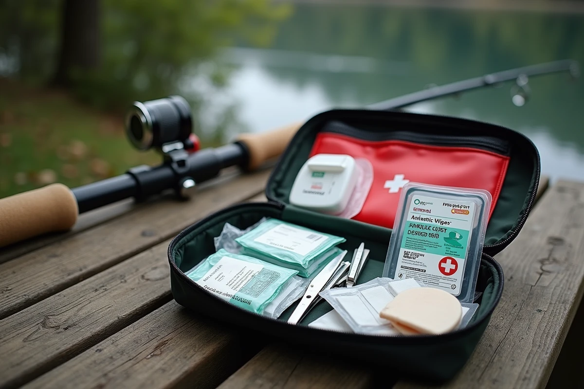 Trousse de premiers secours ouverte avec matériel médical sur une table de pique-nique près d'une rivière