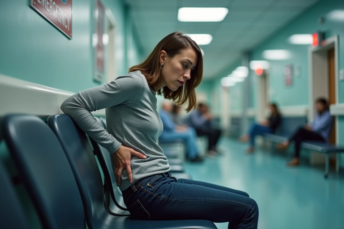 Femme en salle d'attente des urgences tenant son côté avec une expression de douleur et d'inquiétude