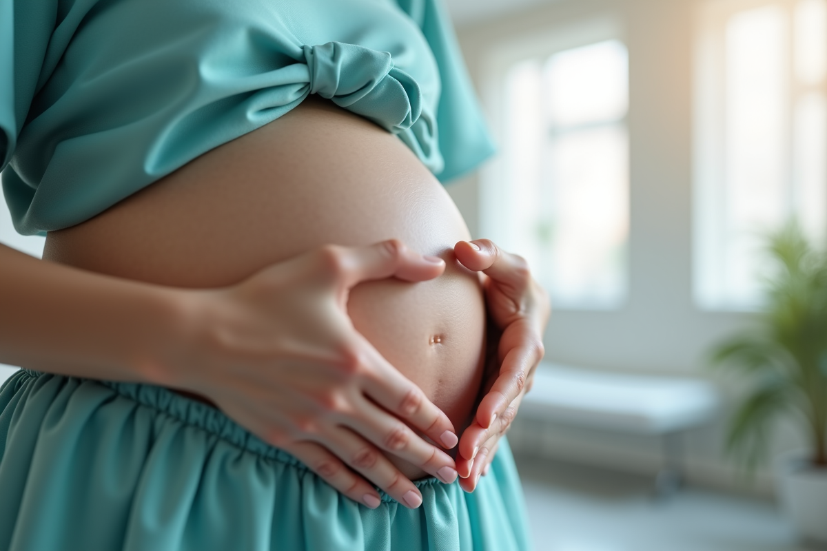 Mains formant un cœur sur le ventre de la mère enceinte