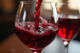 Gros plan sur un verre de vin rouge avec gouttes de liquide