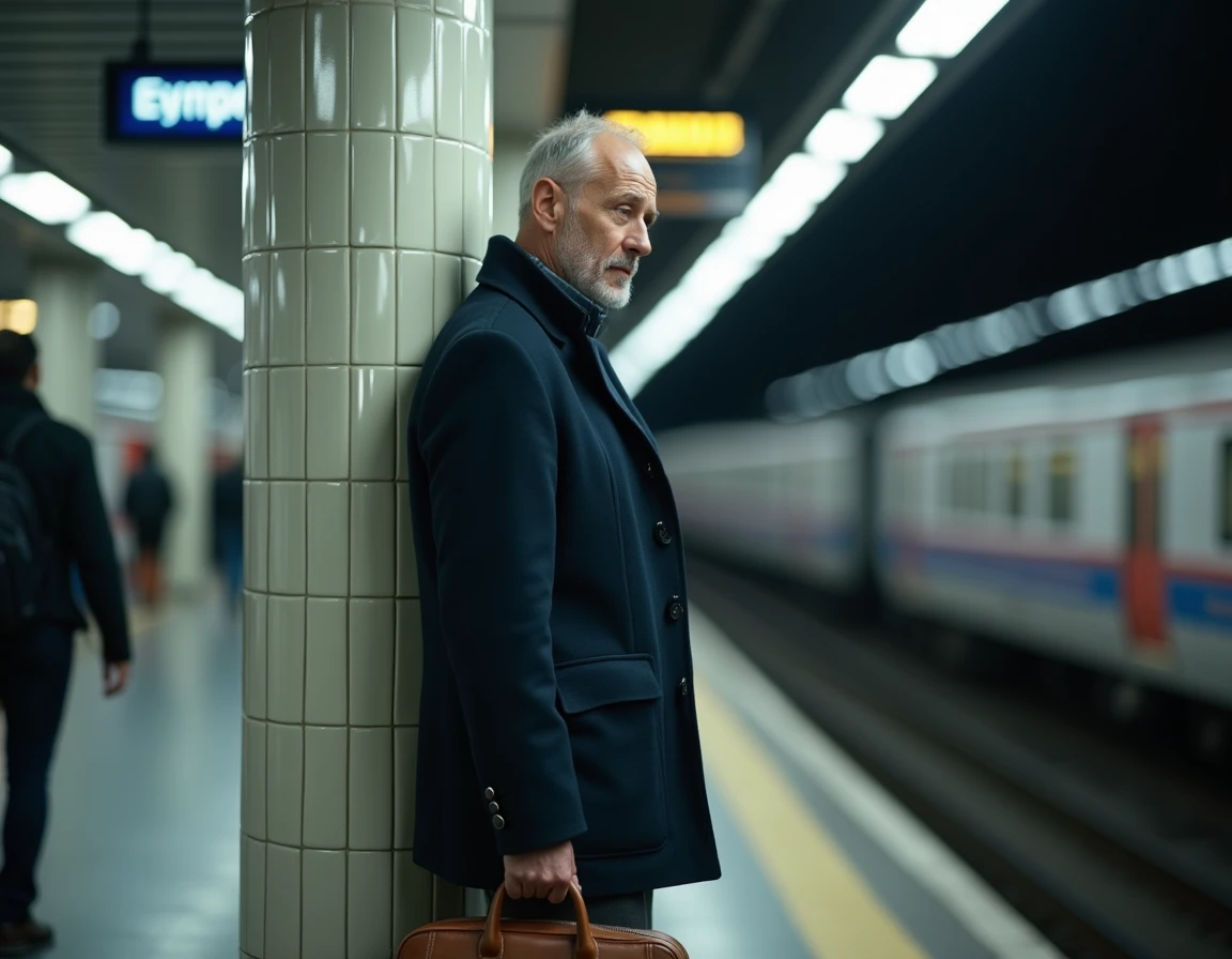 Homme ressentant des vertiges et une sensation de t&ecirc;te lourde dans les transports en commun, appuy&eacute; contre un pilier de quai de m&eacute;tro
