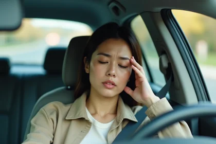 Femme souffrant de vertiges et de tête lourde en voiture, assise côté passager, les yeux fermés et la main sur la tempe