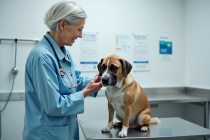 Vétérinaire âgée examine un chien dans une clinique moderne